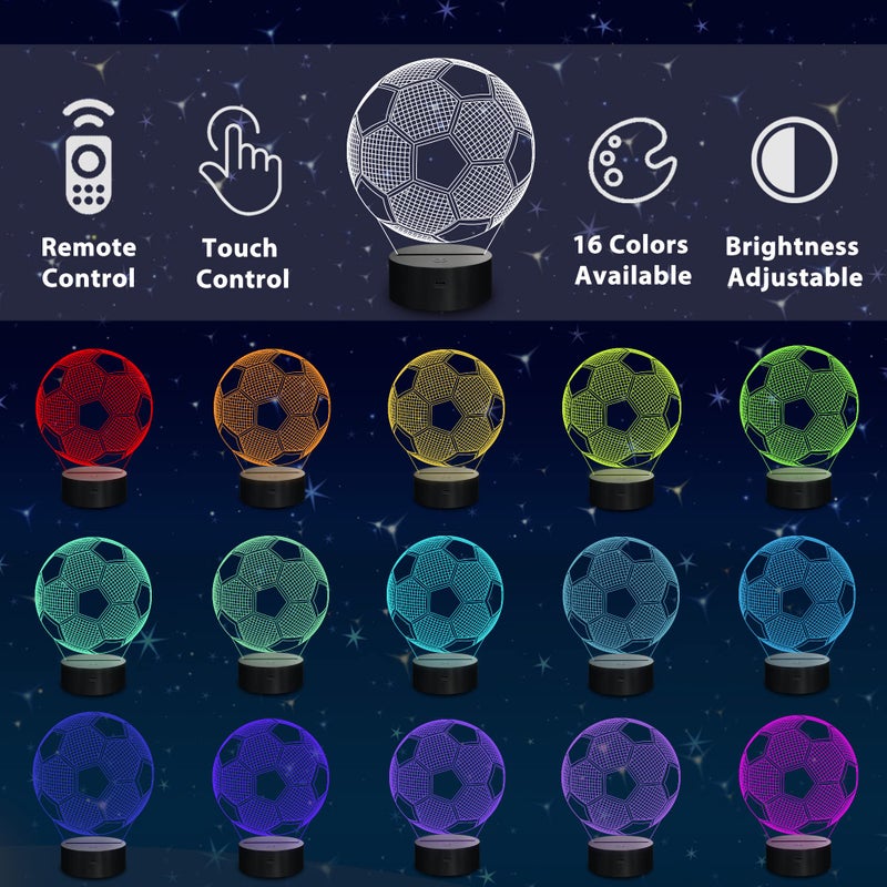 Lampeez مصابيح لامبيز لكرة القدم الليلية للأطفال 3D وهمية مصابيح كرة القدم 16 LED مع تحكم عن بعد تغيير الألوان لمصابيح الطاولة والمكتب زينة هدايا عيد الميلاد و عيد الميلاد لمشجعي الرياضة - Image 2